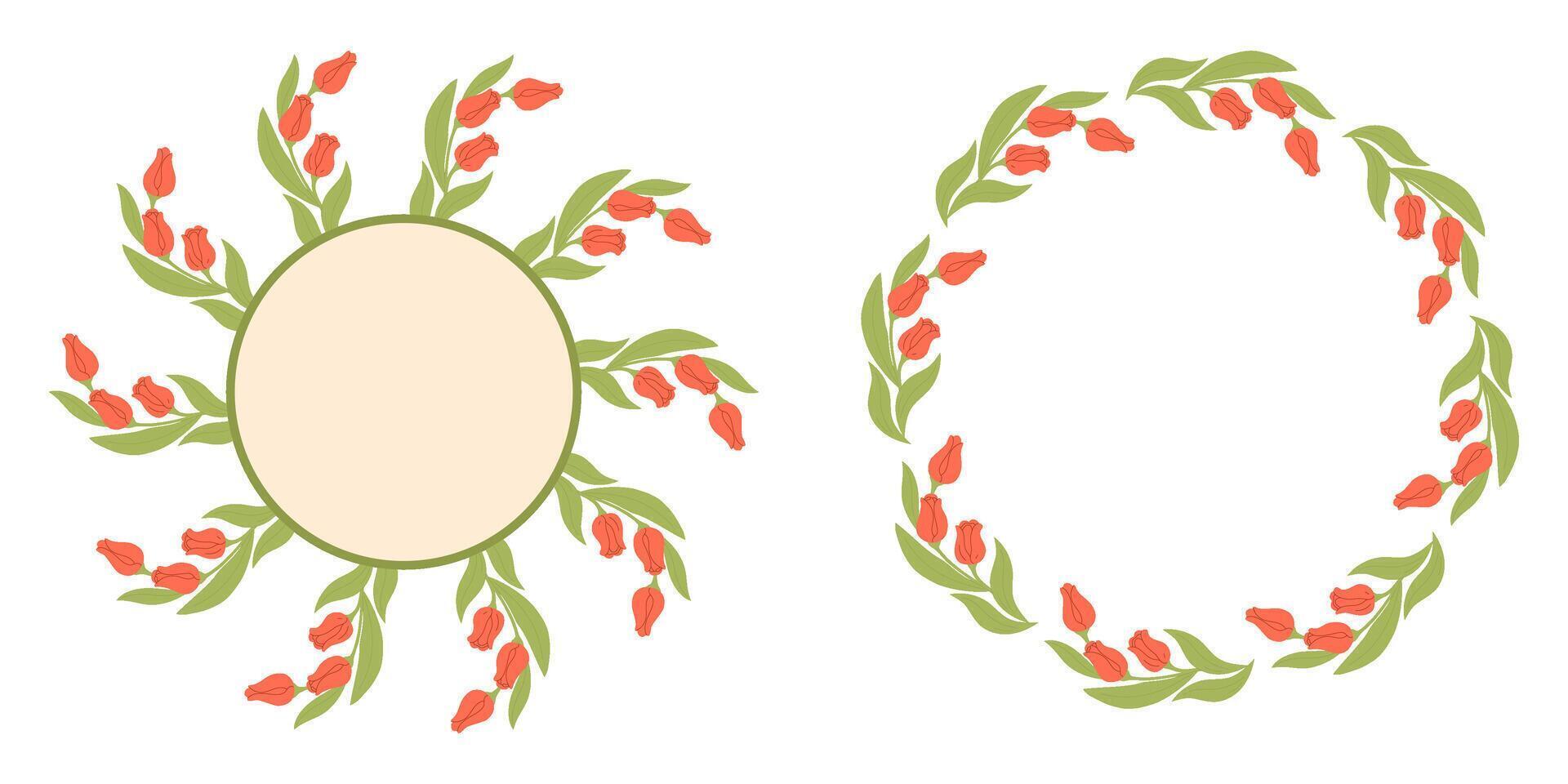 Round Frame with Bouquet Red Tulips. Festive Circle Border Card with Spring Flowers. illustration. Isolated decor on white background vector