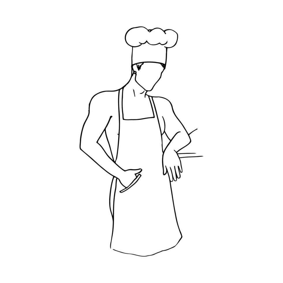 young topless man with muscles in apron and chef's hat and earring in ear standing, portrait faceless knee-length - line art drawing vector