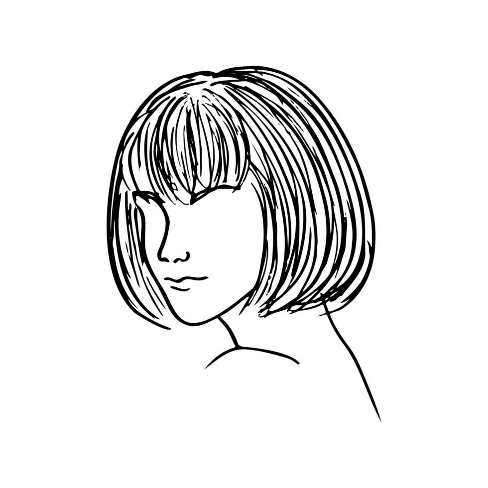 woman with blunt bob with bangs, faceless portrait - line art drawing vector
