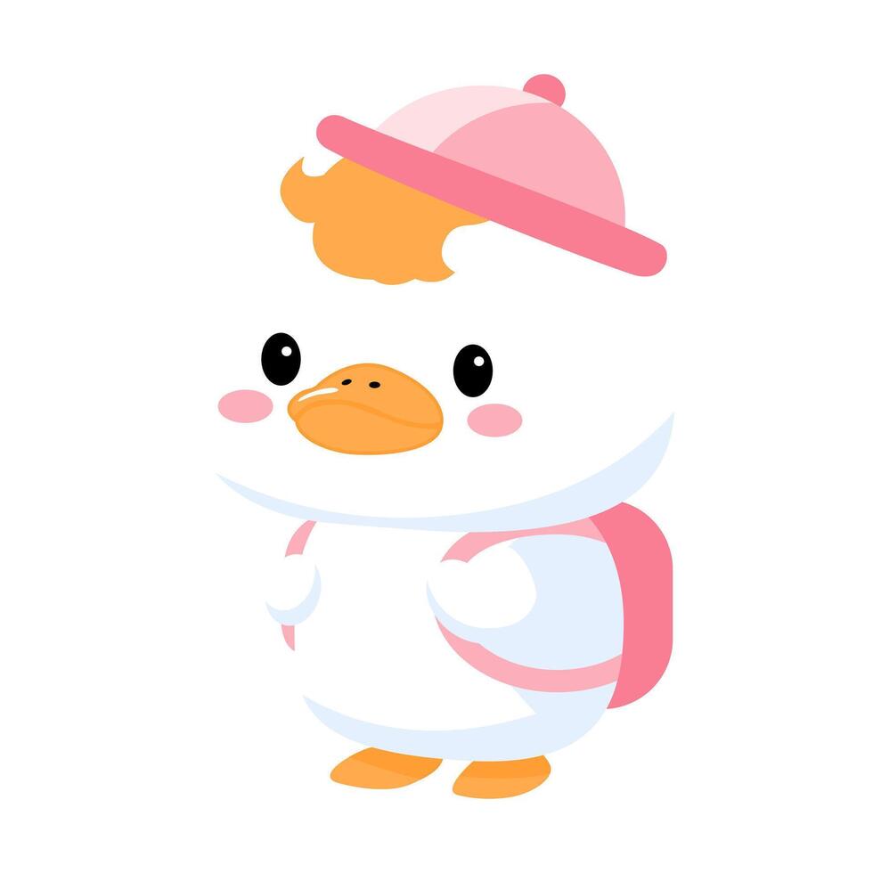 Cute duckling with pink hat and backpack ready for school vector