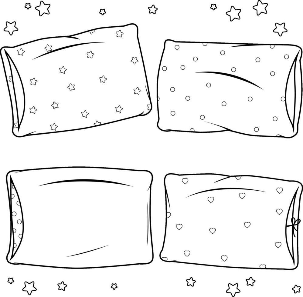 Collection of pillows. Comfortable cushion for sleep, rest, relax. Sofa bed sleep pillows mockup template. Black and white coloring page. vector
