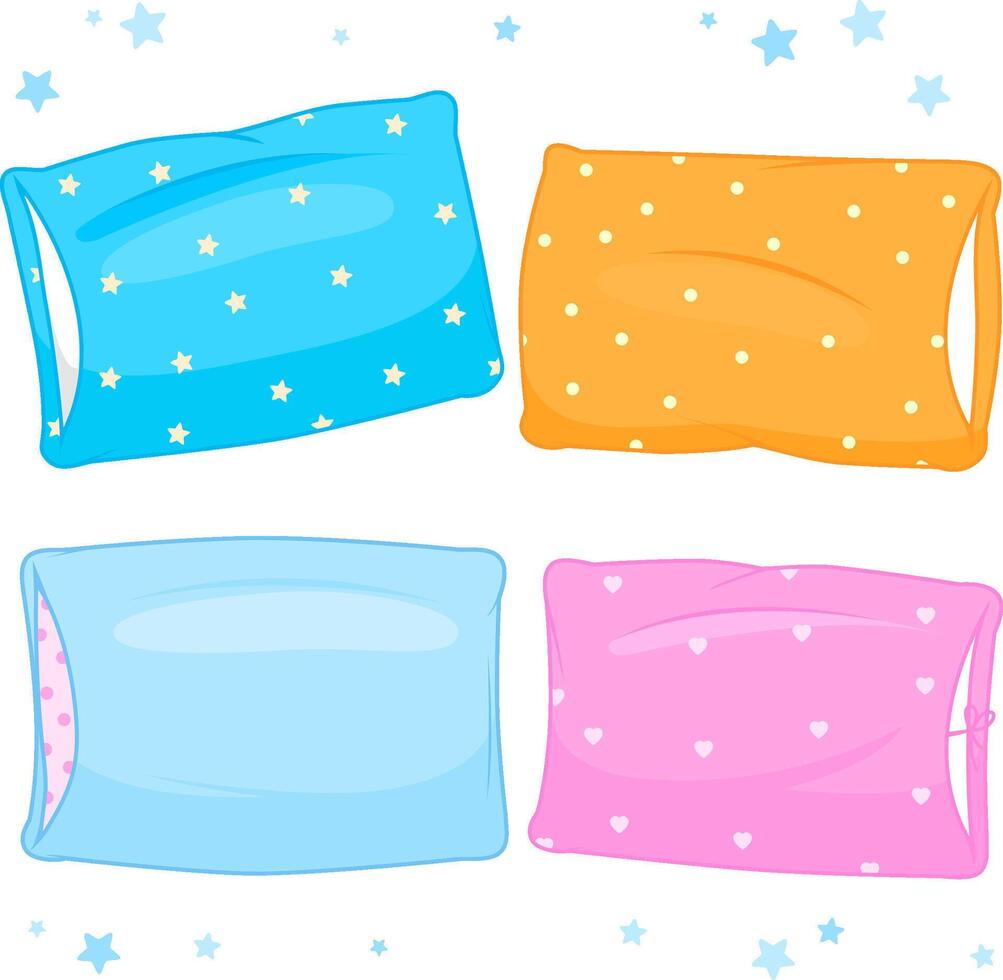 Collection of pillows in blue, pink and orange colors. Comfortable cushion for sleep, rest, relax. Sofa bed sleep pillows mockup template. vector