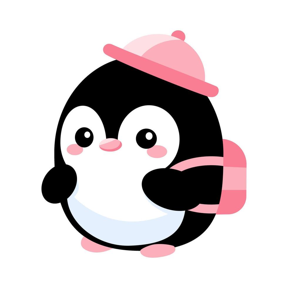 Cute penguin wearing pink backpack and hat ready for school or travel vector