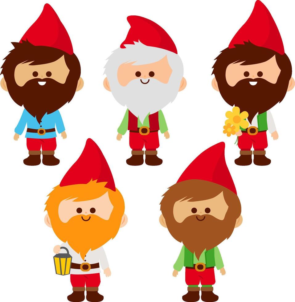 Cute garden gnomes set. Spring time gardening dwarf characters with red hats. Cute happy garden gnomes in the garden. vector
