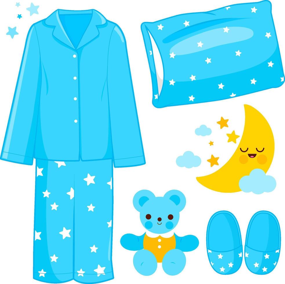 Collection of children pajamas and sleep objects. Cute little boy pajamas getting ready to sleep. Child bed time collection. vector
