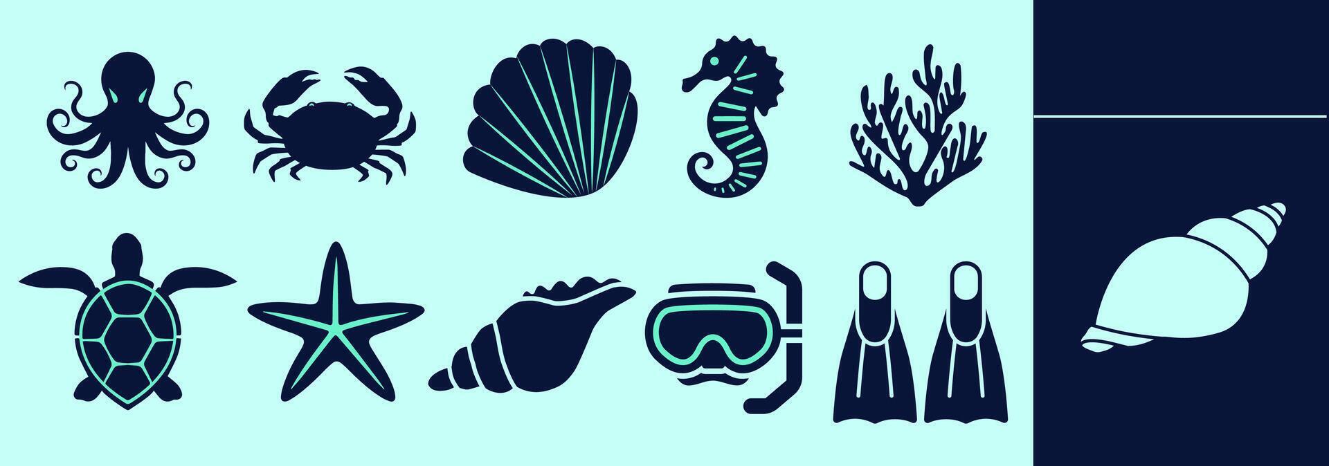 Under the sea themes icon set with octopus, sea horse, turtle, crab, oyster, sea star, shell, goggles, algae. Editable icon elements, size and color. vector