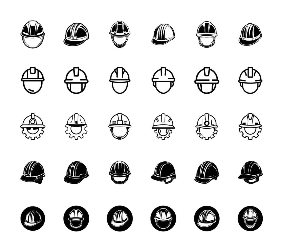 Worker helmet isolated flat design line art silhouette icon collection vector