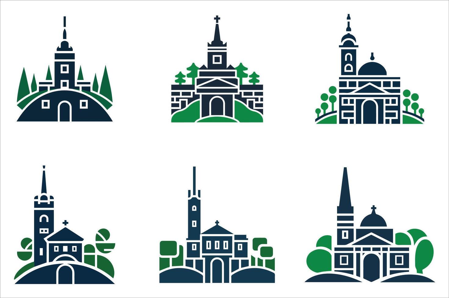 Set of color historic church and castle silhouettes architectural landmark icons vector