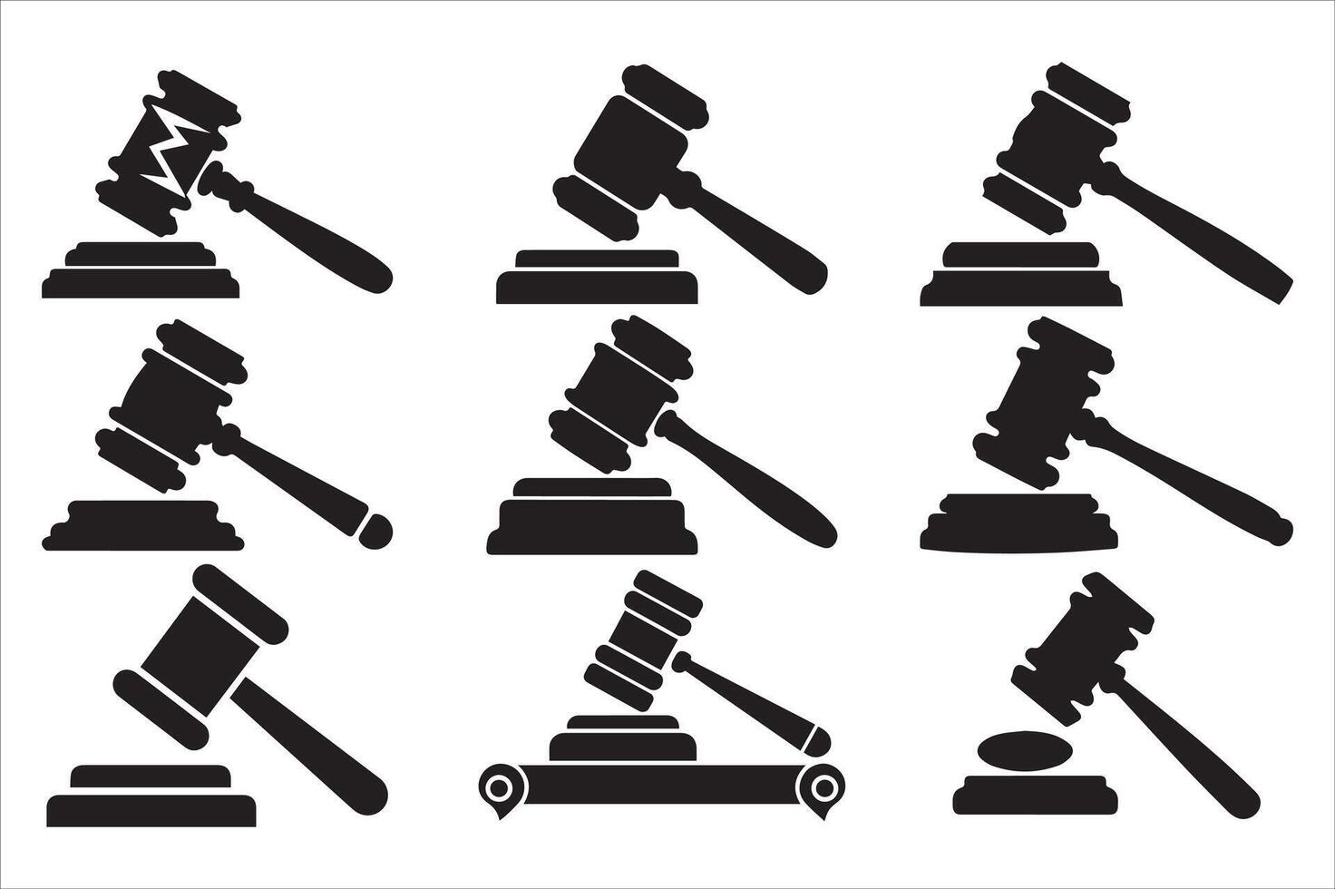 PrintSet of black gavel icons auction, legal judgment, and courtroom symbols a silhouette illustrations vector