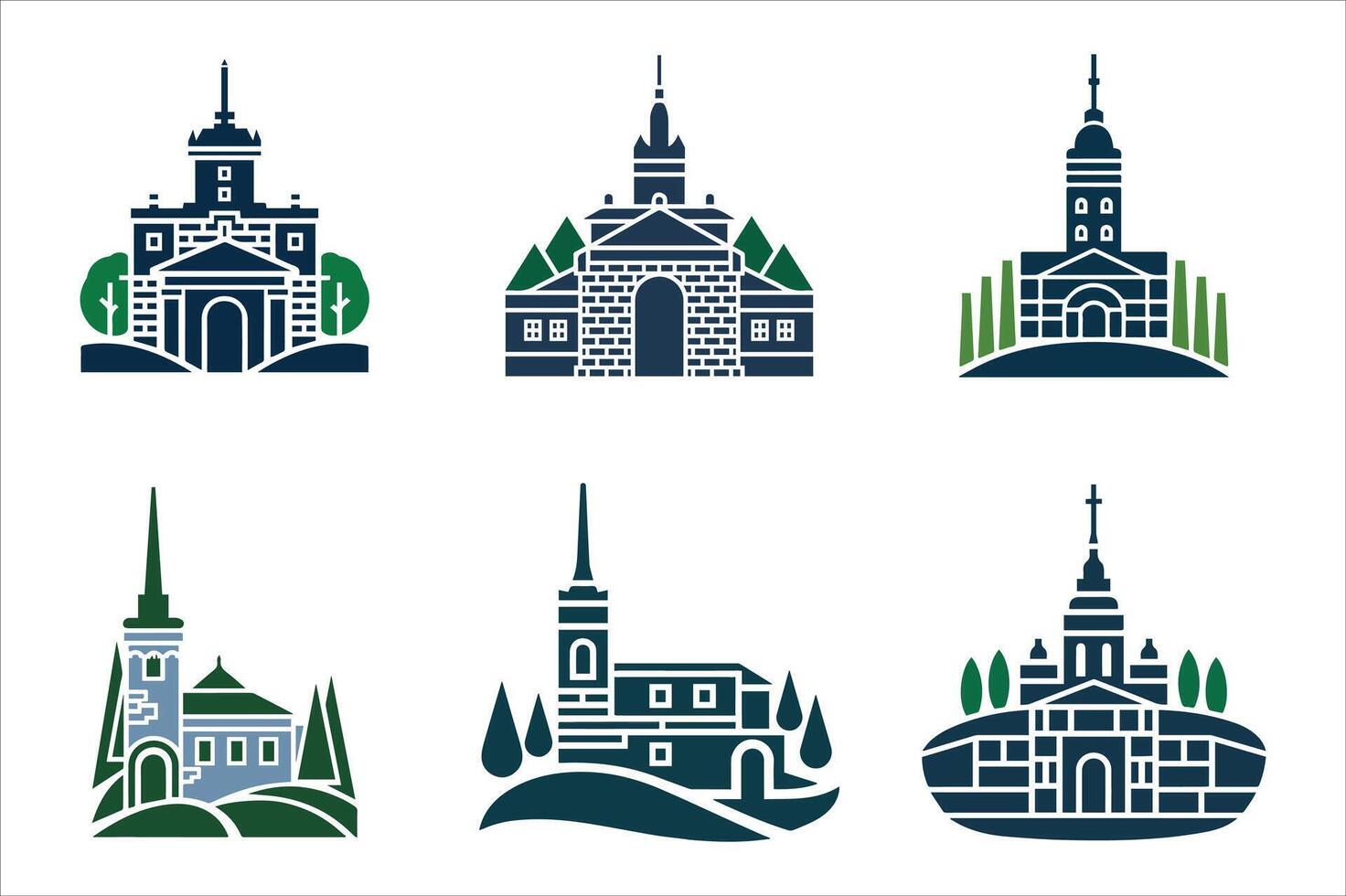 Set of medieval cathedral and castle illustrations elegant european architecture vector