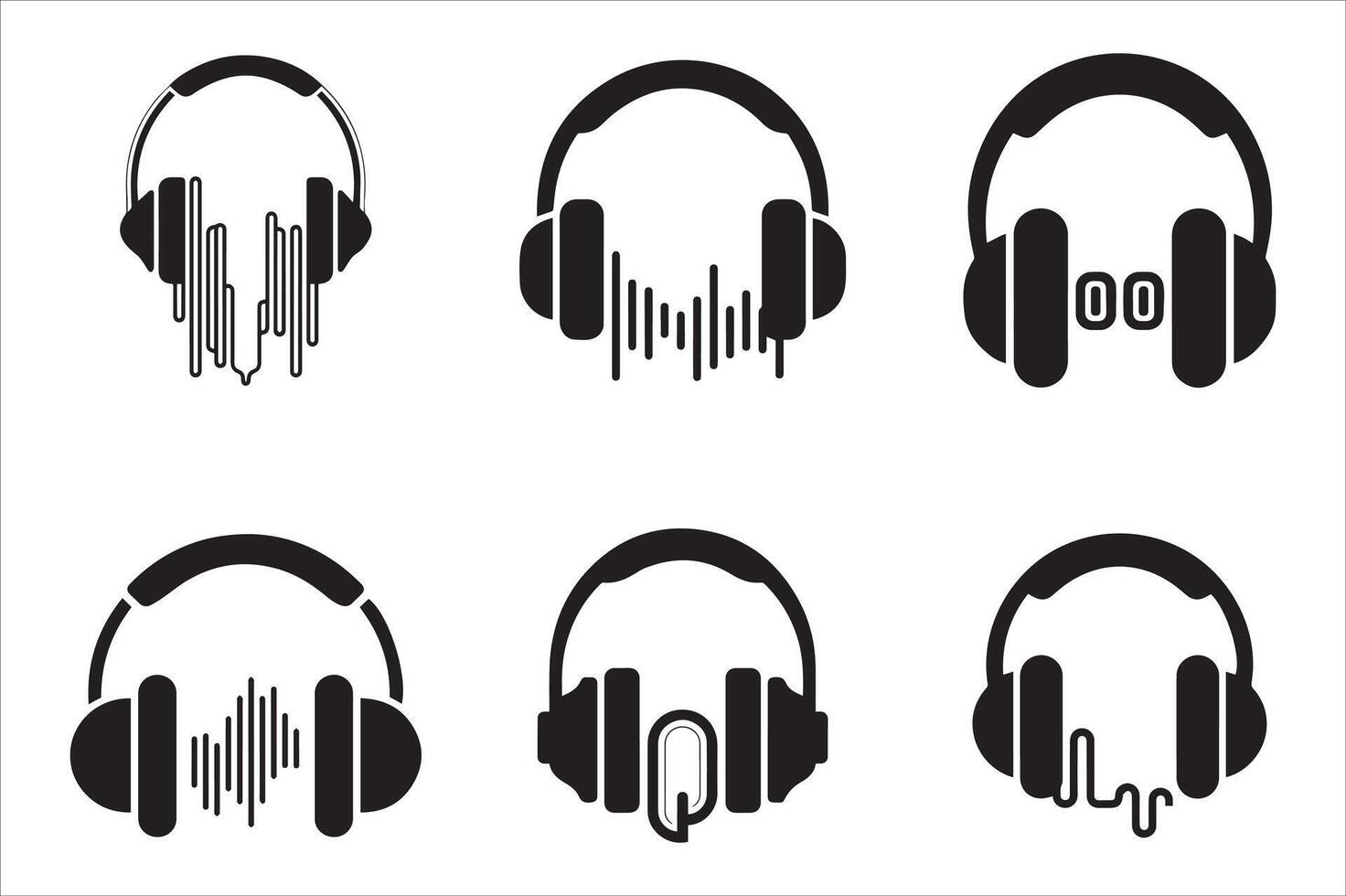Headphones with microphone and sound waves dJ, radio station and broadcasting studio logo set vector