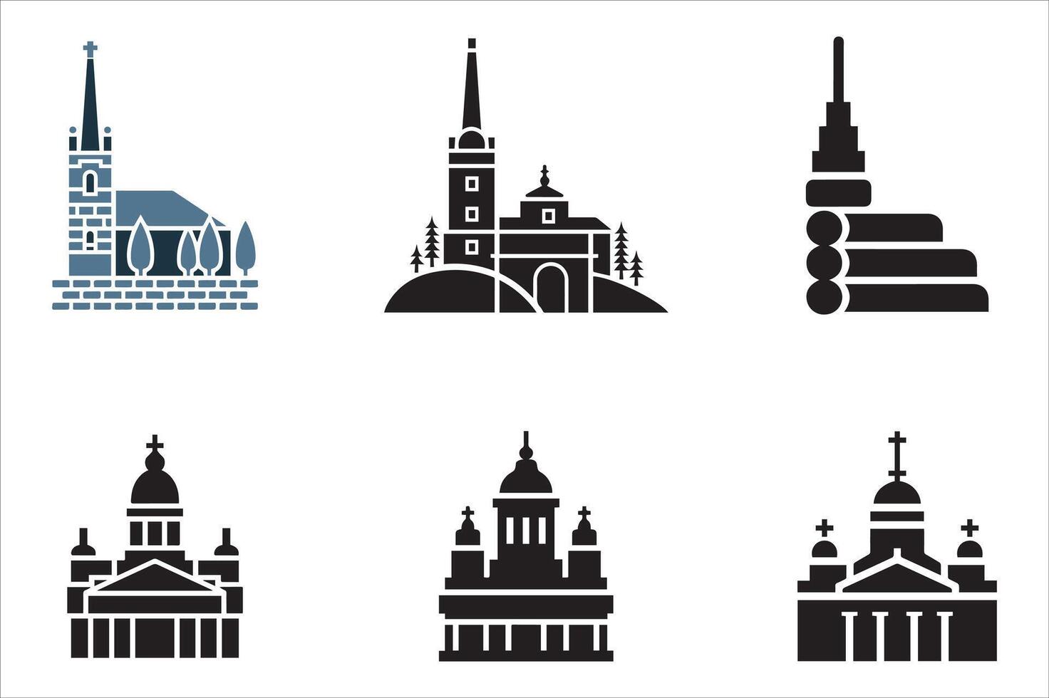Minimalist set of church and fortress icons religious and historic landmarks vector