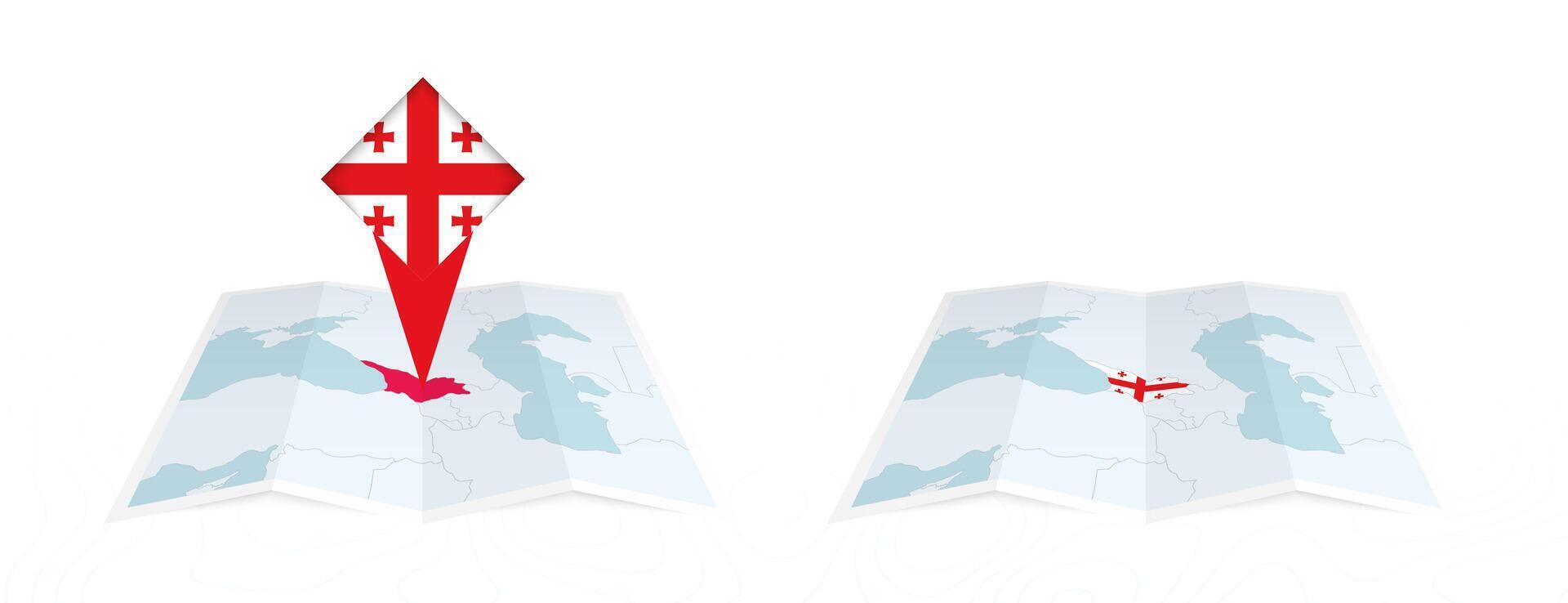 Two versions of an Georgia folded map, one with a pinned country flag and one with a flag in the map contour. Template for both print and online design. vector