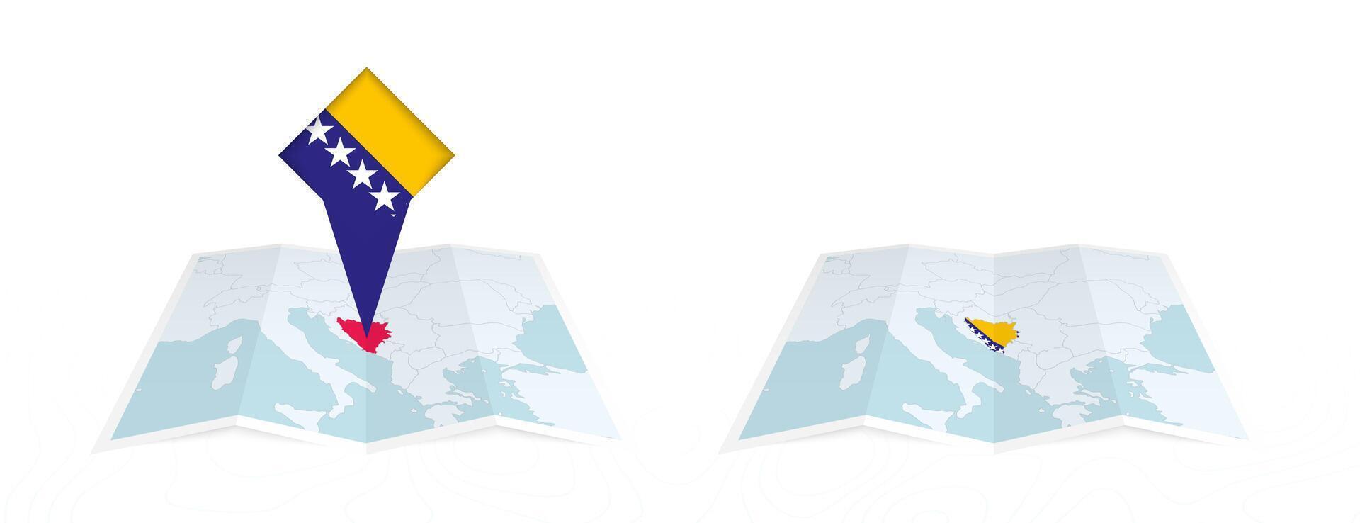 Two versions of an Bosnia and Herzegovina folded map, one with a pinned country flag and one with a flag in the map contour. Template for both print and online design. vector