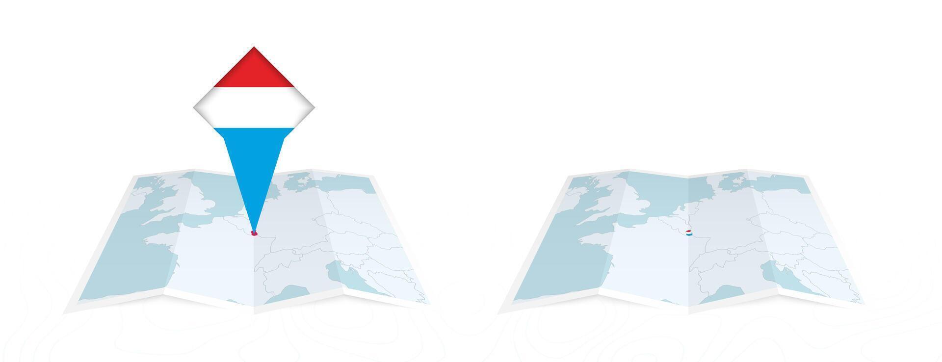 Two versions of an Luxembourg folded map, one with a pinned country flag and one with a flag in the map contour. Template for both print and online design. vector
