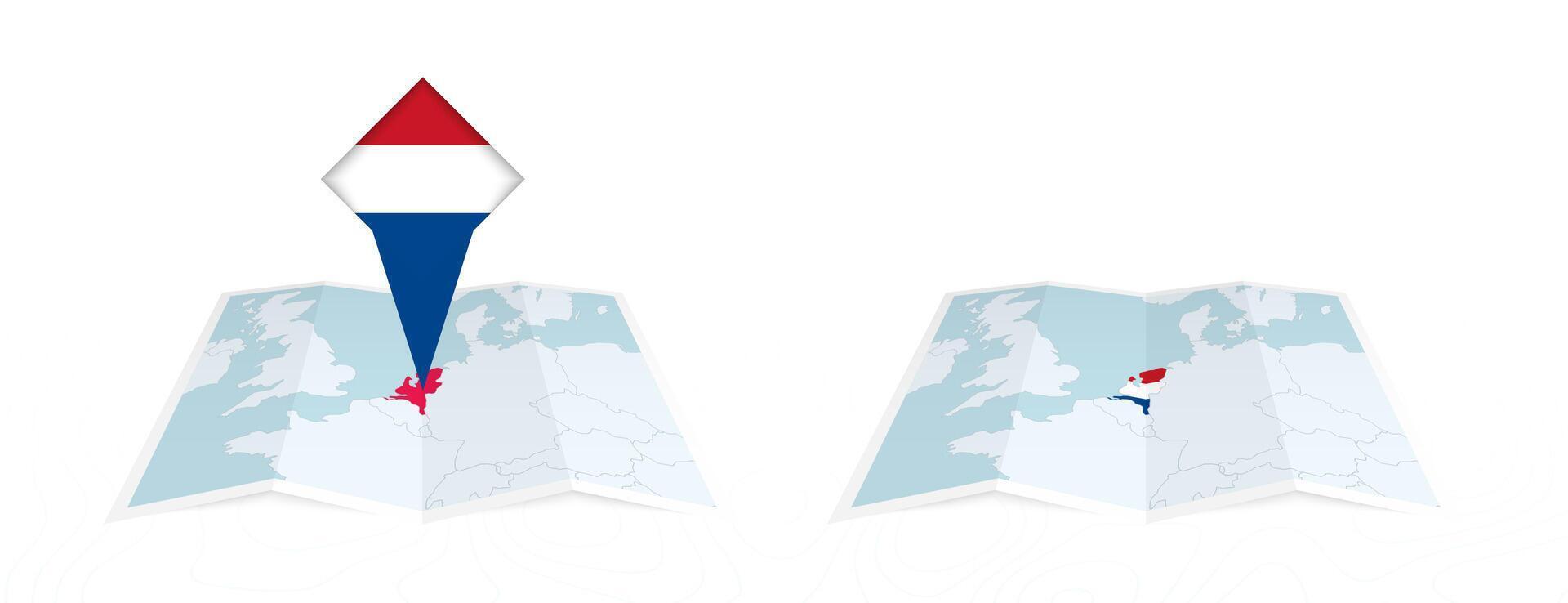 Two versions of an Netherlands folded map, one with a pinned country flag and one with a flag in the map contour. Template for both print and online design. vector