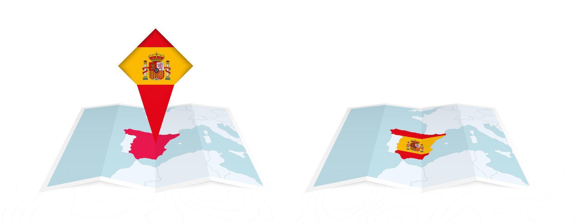 Two versions of an Spain folded map, one with a pinned country flag and one with a flag in the map contour. Template for both print and online design. vector