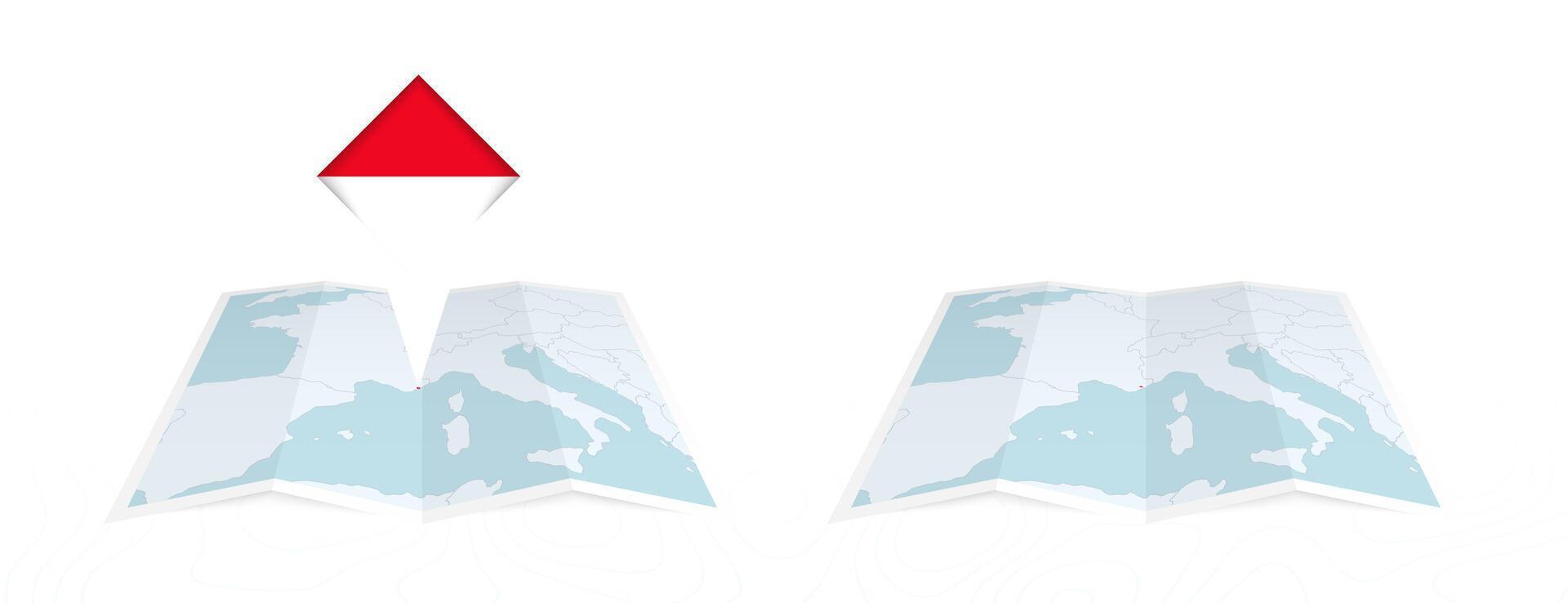 Two versions of an Monaco folded map, one with a pinned country flag and one with a flag in the map contour. Template for both print and online design. vector