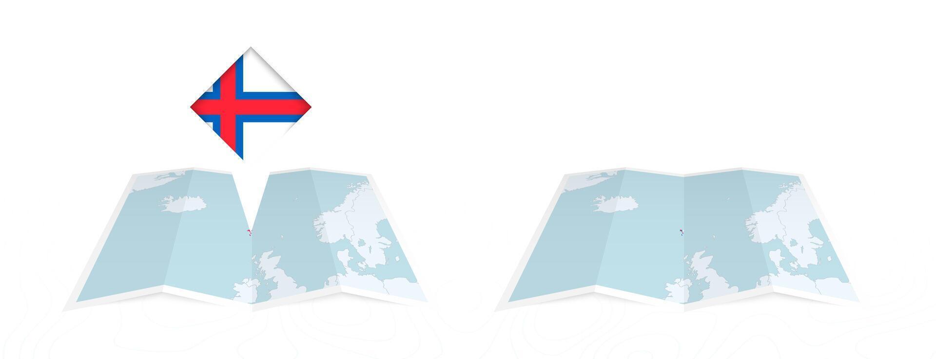 Two versions of an Faroe Islands folded map, one with a pinned country flag and one with a flag in the map contour. Template for both print and online design. vector