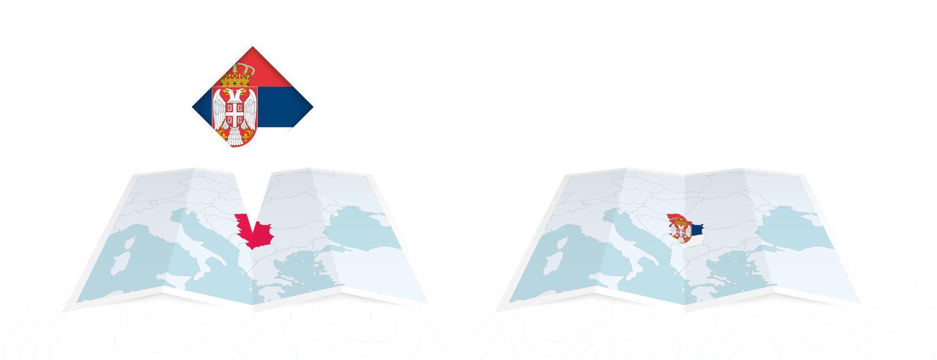 Two versions of an Serbia folded map, one with a pinned country flag and one with a flag in the map contour. Template for both print and online design. vector