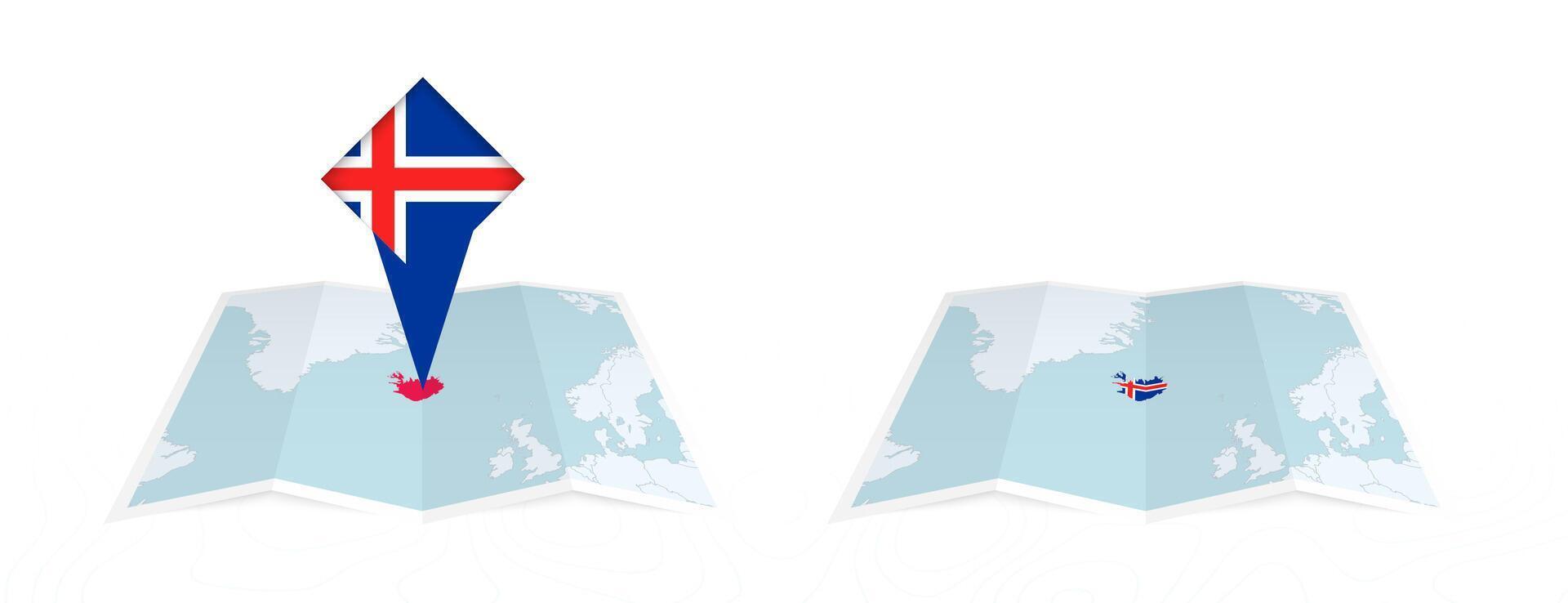 Two versions of an Iceland folded map, one with a pinned country flag and one with a flag in the map contour. Template for both print and online design. vector