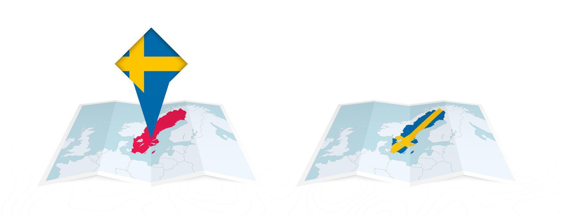 Two versions of an Sweden folded map, one with a pinned country flag and one with a flag in the map contour. Template for both print and online design. vector