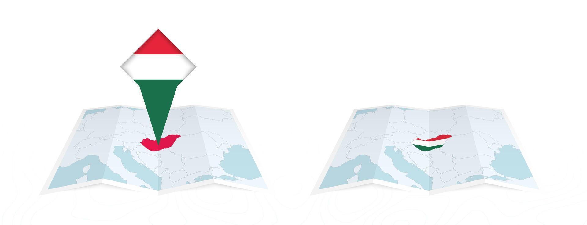Two versions of an Hungary folded map, one with a pinned country flag and one with a flag in the map contour. Template for both print and online design. vector
