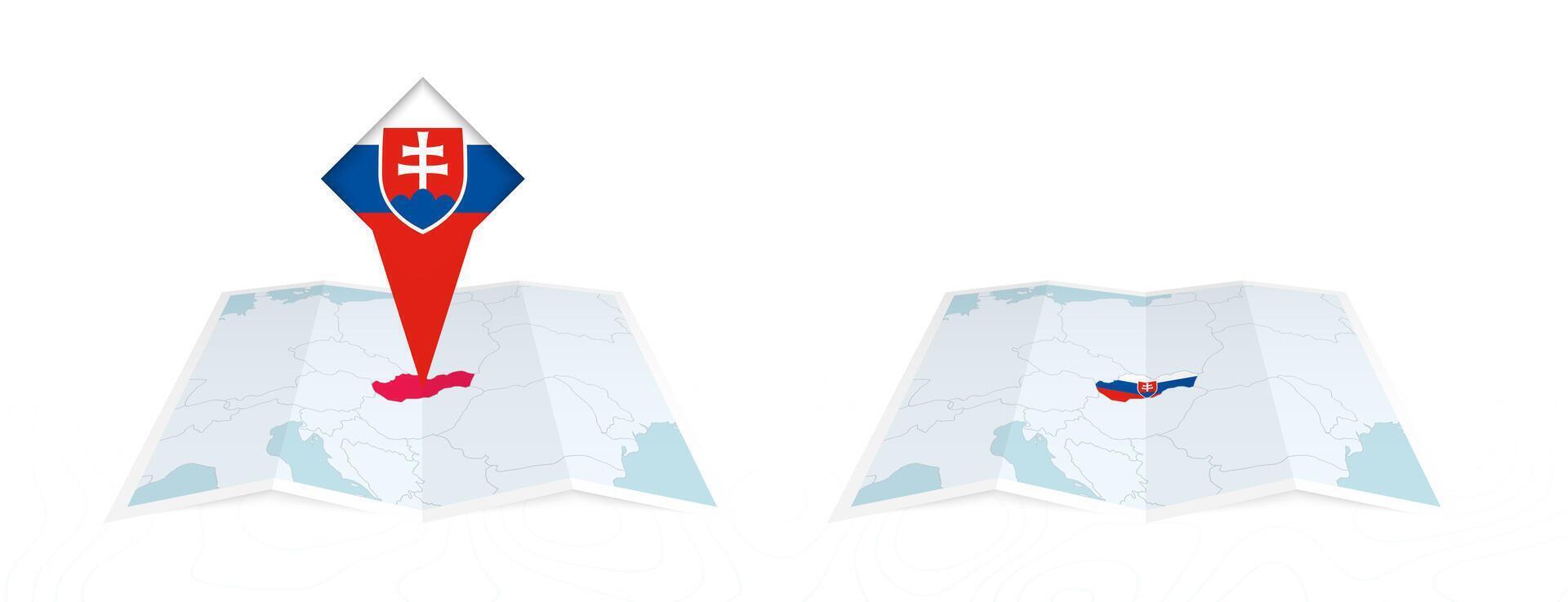 Two versions of an Slovakia folded map, one with a pinned country flag and one with a flag in the map contour. Template for both print and online design. vector