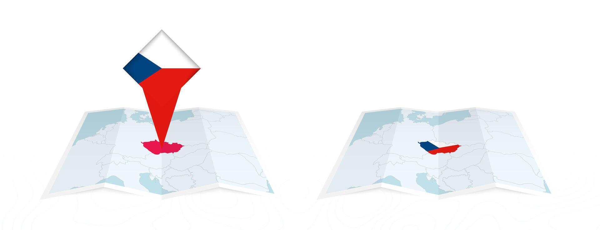 Two versions of an Czech Republic folded map, one with a pinned country flag and one with a flag in the map contour. Template for both print and online design. vector