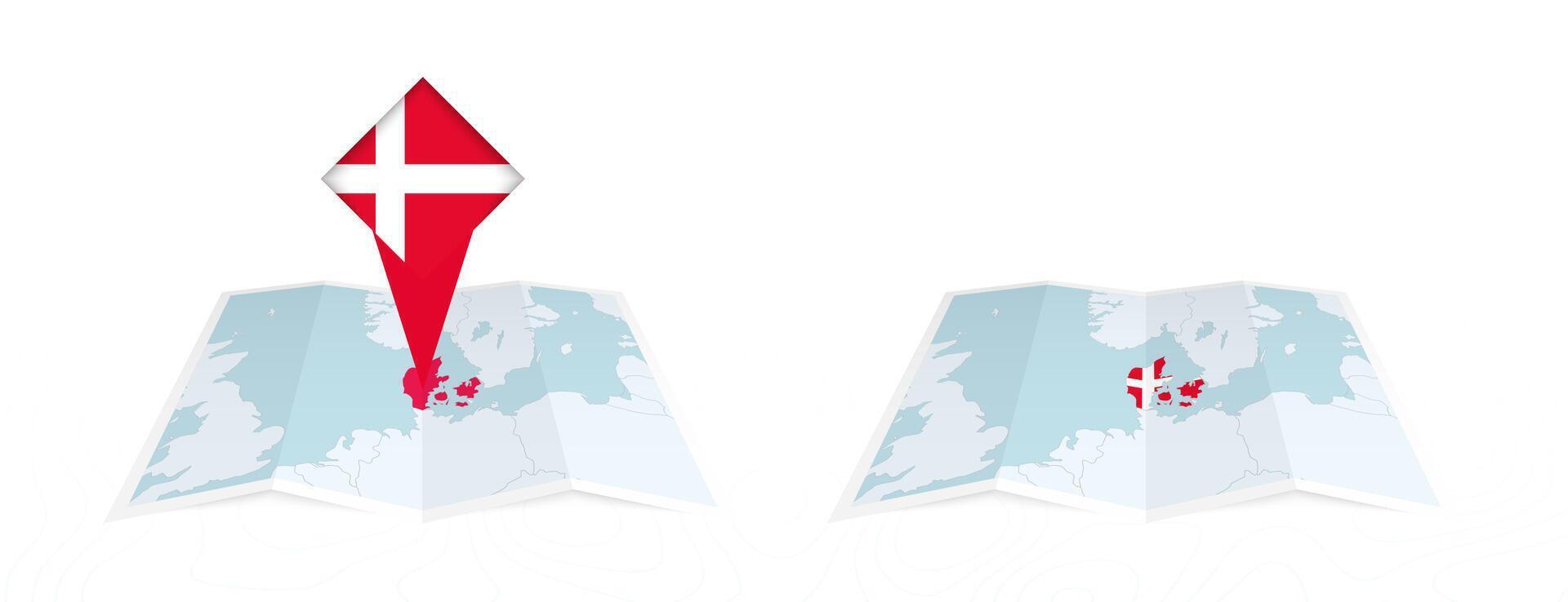 Two versions of an Denmark folded map, one with a pinned country flag and one with a flag in the map contour. Template for both print and online design. vector