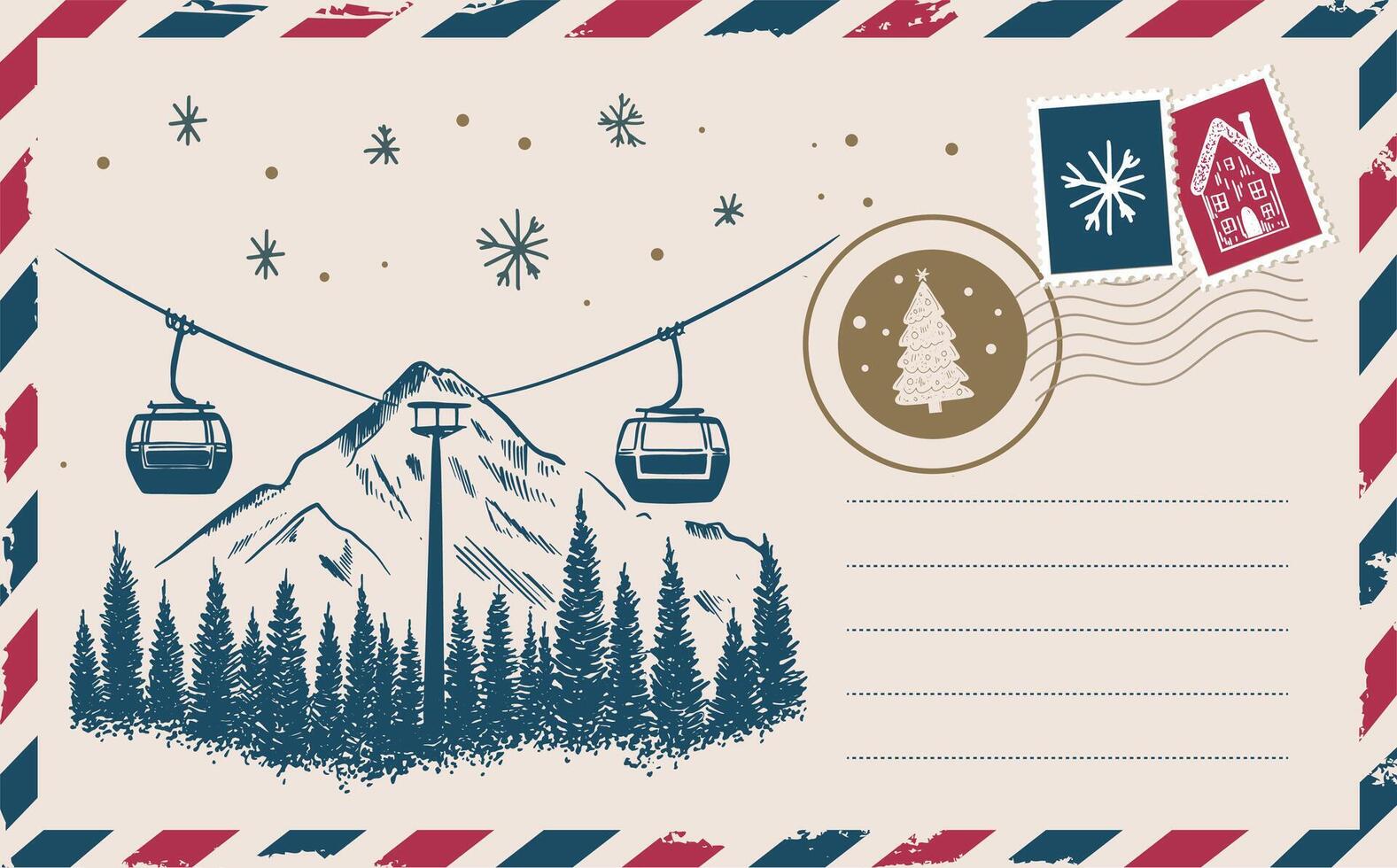 Mail with mountains, postcard, hand drawn illustration vector