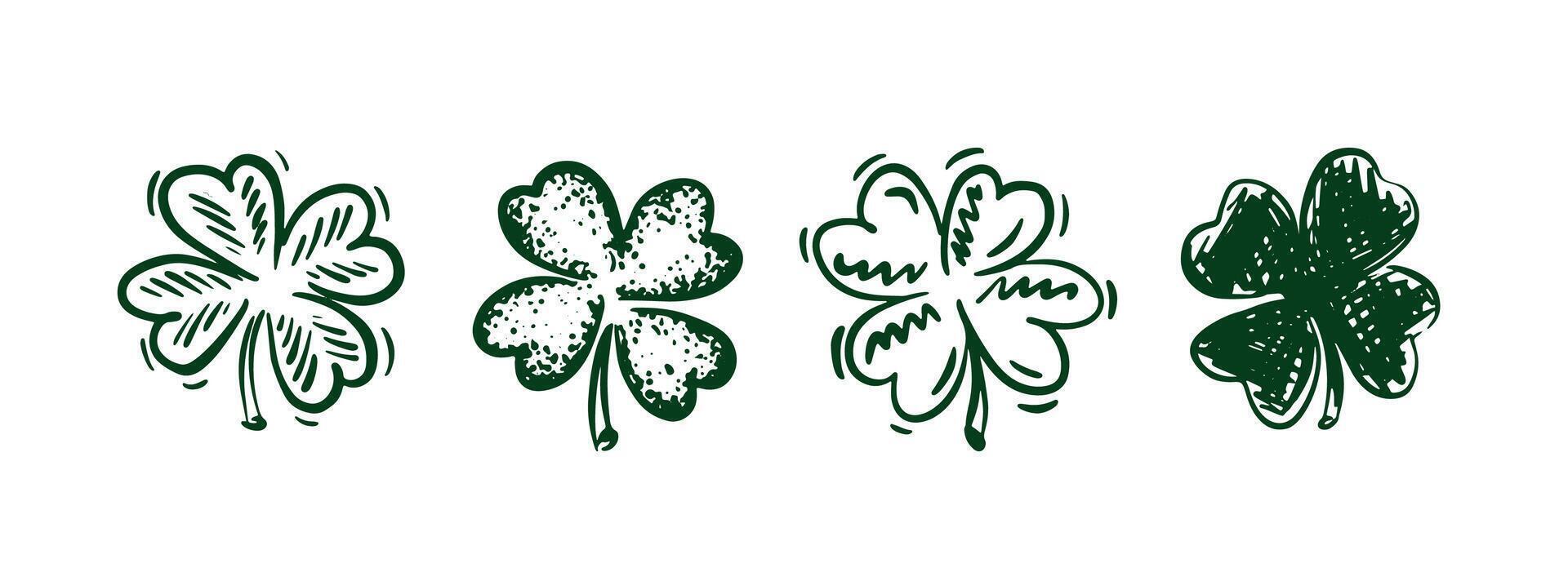 St. Patricks Day, Green set Clover on white, hand drawn illustrations. vector