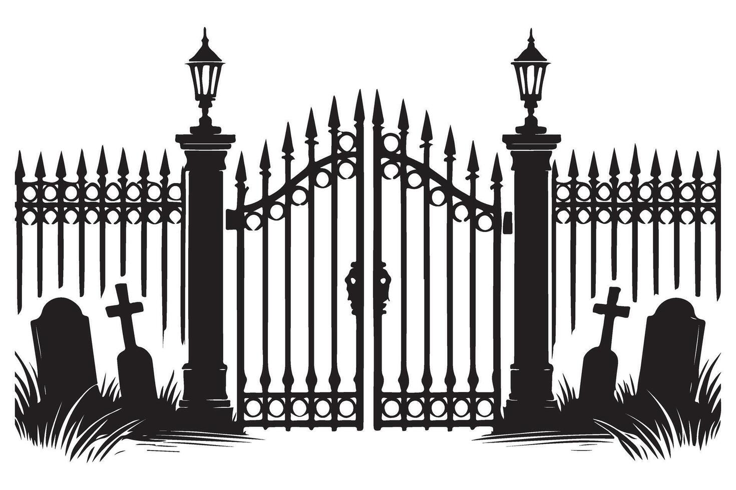 Silhouette of Cemetery Gate Illustration with Gravestones Lanterns Scene vector