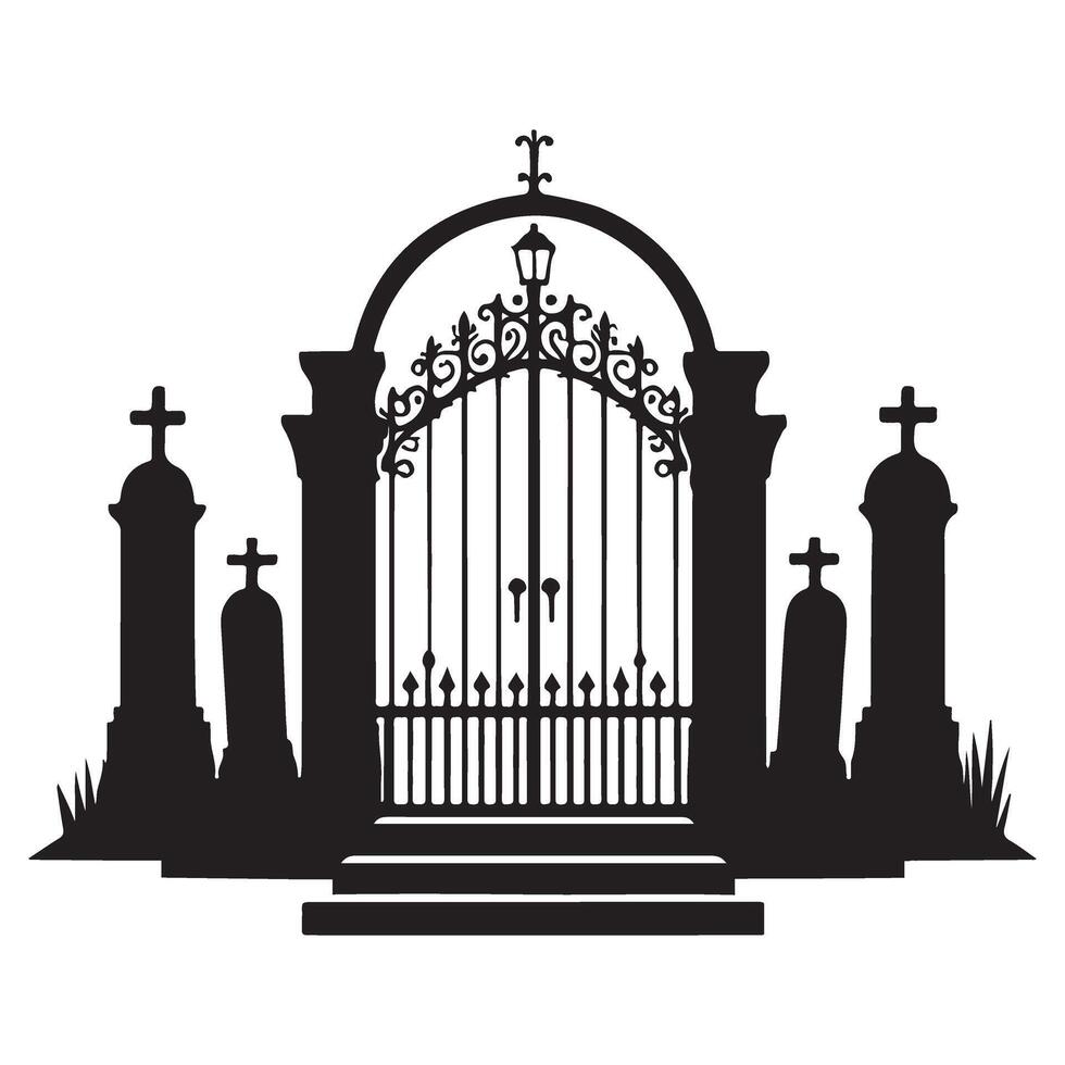 Spooky Cemetery Gate Illustration with Tombstones Silhouette Design vector