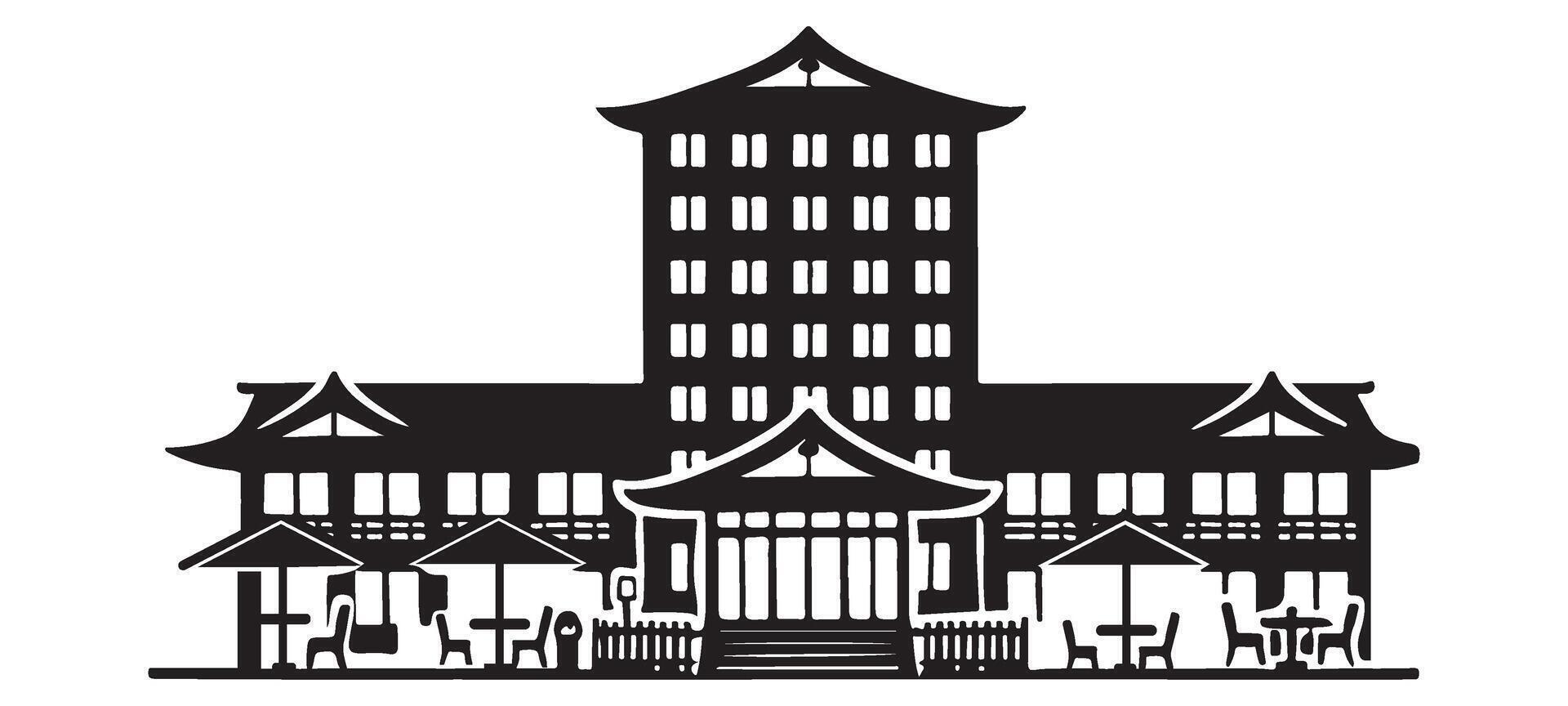 Japanese Style Hotel Building Illustration with Garden Silhouette Design vector