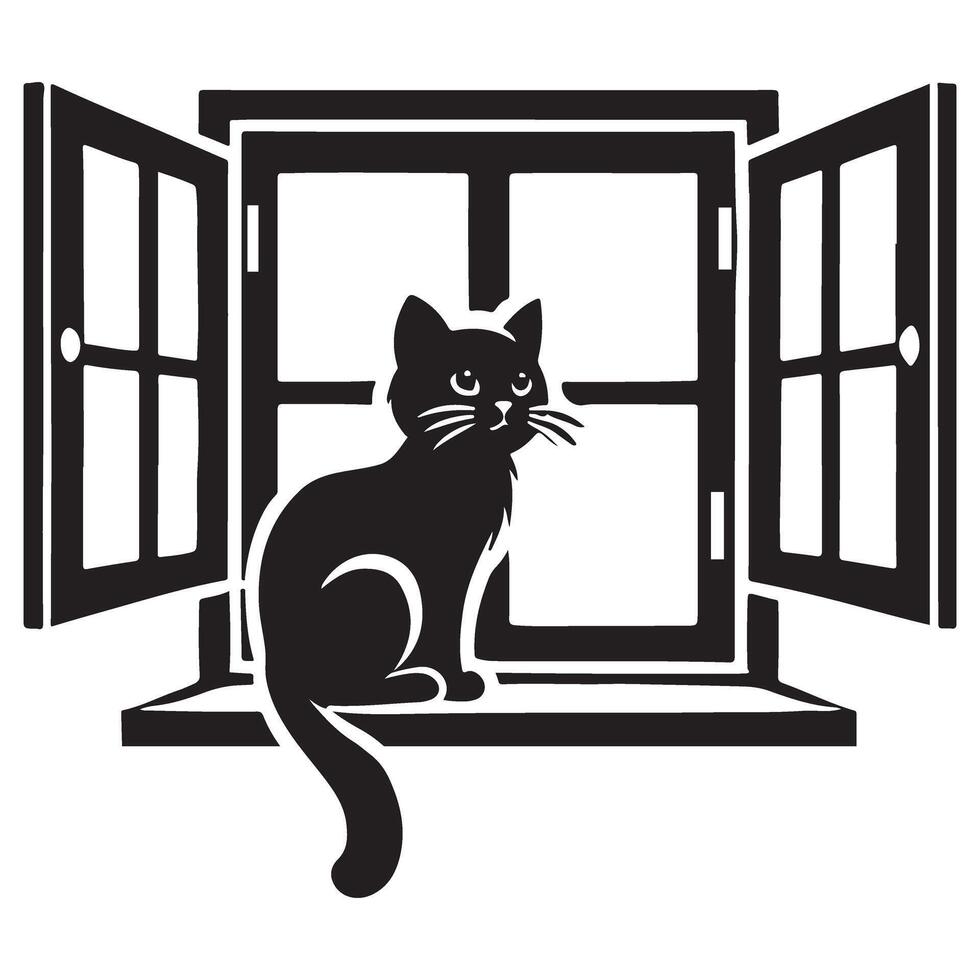 Cute Cat Silhouette Sitting in Window Art Illustration vector