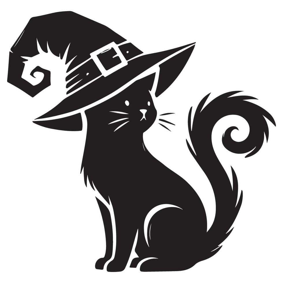 Charming Halloween Black Cat Illustration with Witch Hat Decorative vector