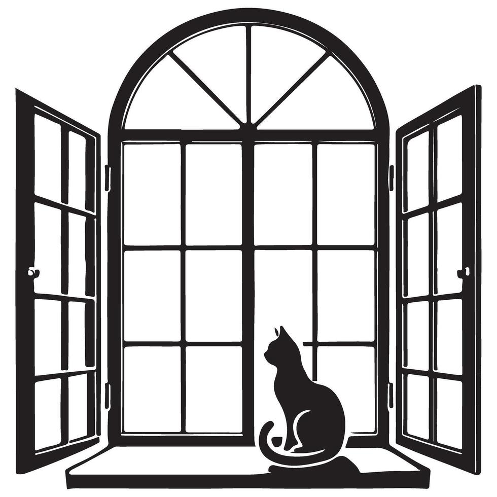 Black Cat Silhouette Sitting by Open Window Illustration Graphic vector