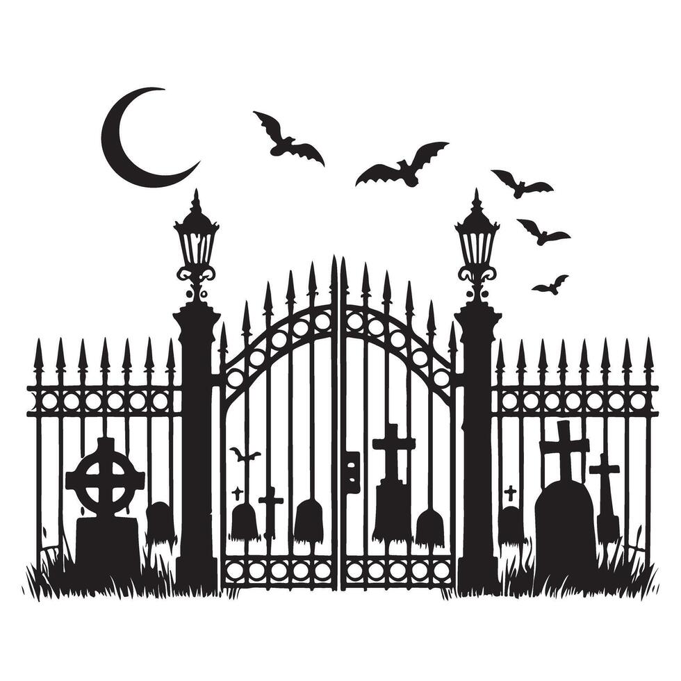 Haunted Cemetery Gate Illustration Silhouette with Bats and Moon vector