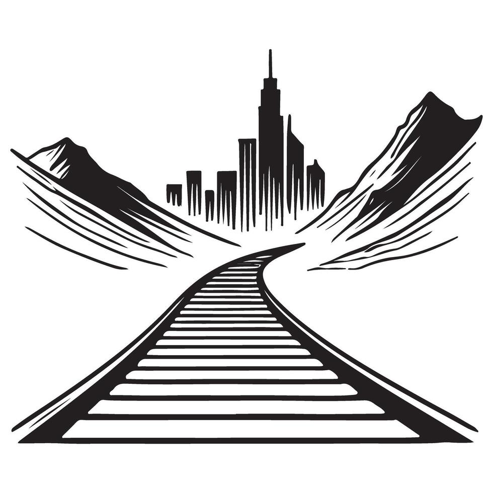 City Skyline Mountains Railroad Track Black and White Illustration Artwork vector
