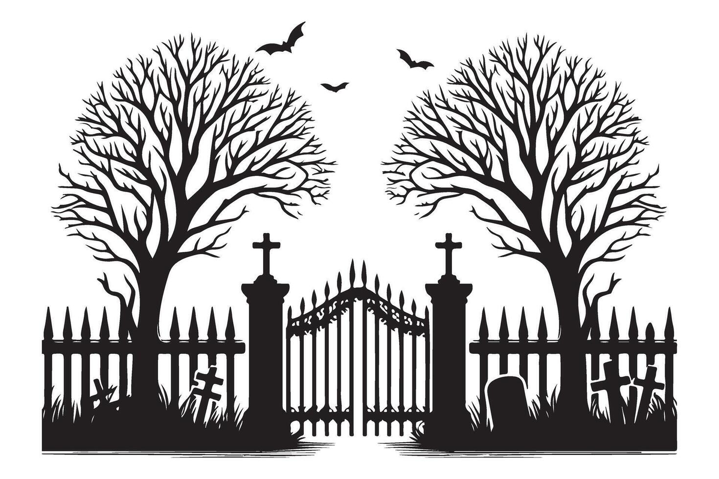 Eerie Graveyard Silhouette Illustration with Bats and Spooky Trees Design vector