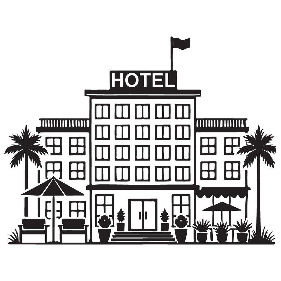 Grand Hotel Building Illustration with Palm Trees and Balcony Silhouette vector