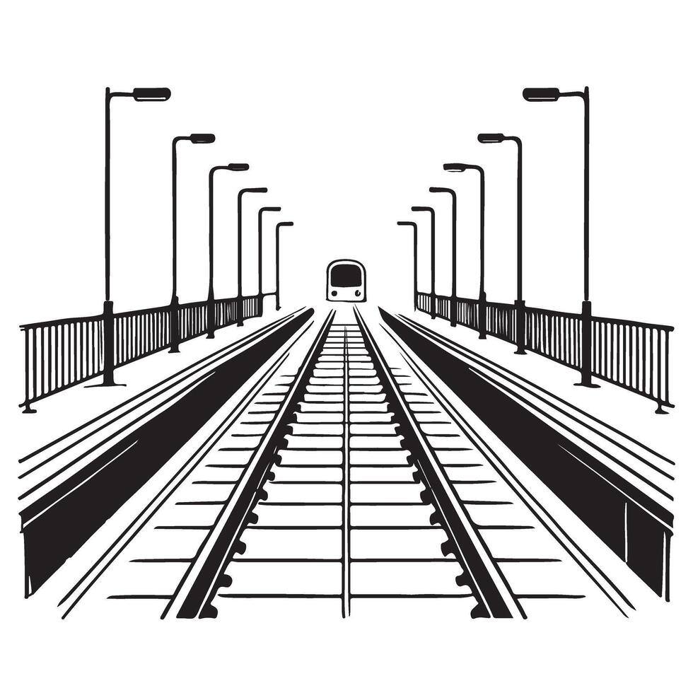 Symmetrical train track perspective illustration with vanishing point design vector