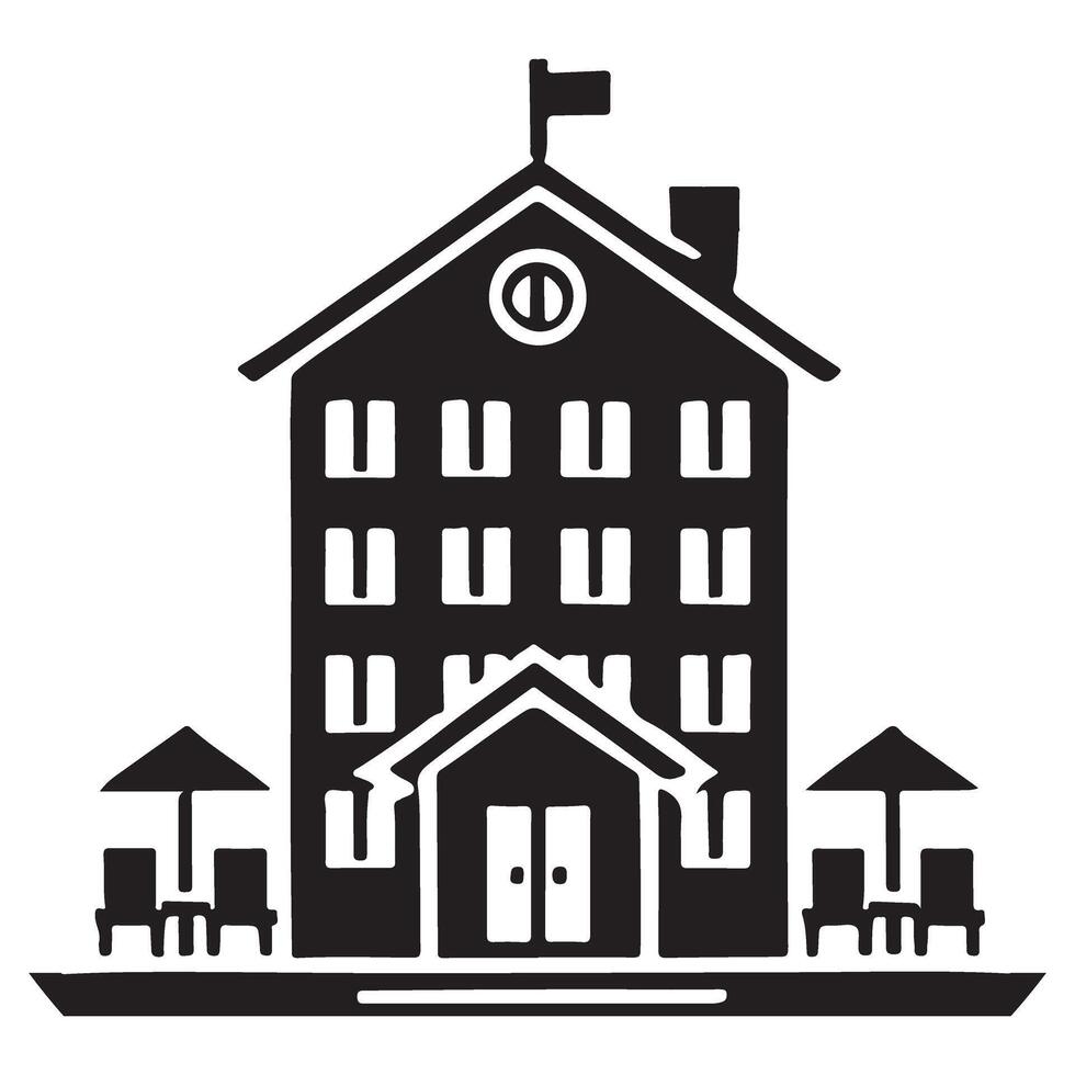 Beachside Hotel Building with Flag and Umbrella Silhouette Illustration vector
