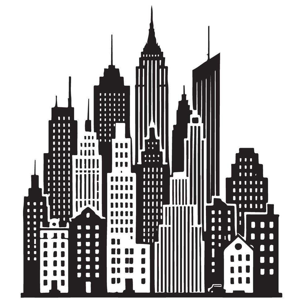 Detailed Cityscape Silhouette Illustration Urban Skyline Black and White vector