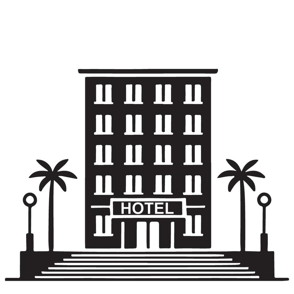 Classic Hotel Building Illustration with Palm Trees and Grand Staircase Silhouette vector