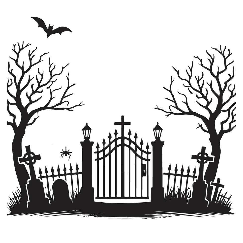 Haunted Graveyard Silhouette Scene with Gate, Tombstones and Trees vector