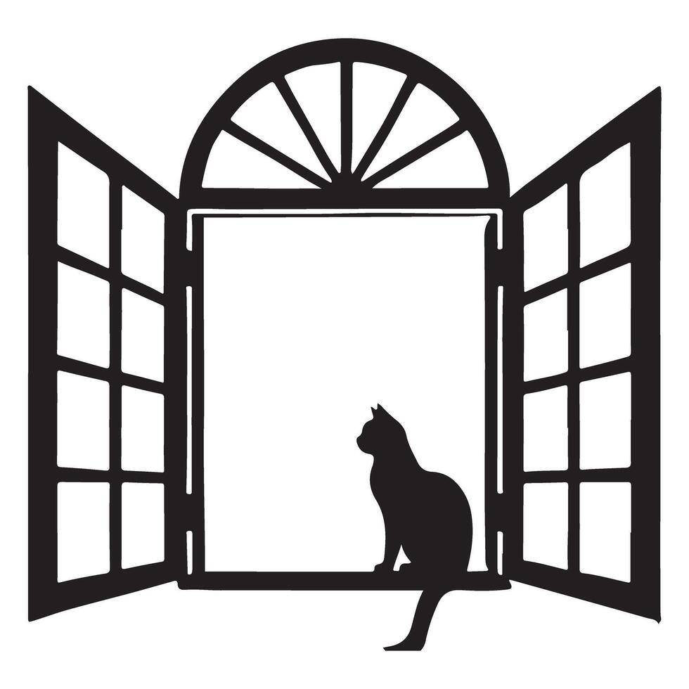 Elegant Cat Silhouette Inside Window Arched Illustration vector