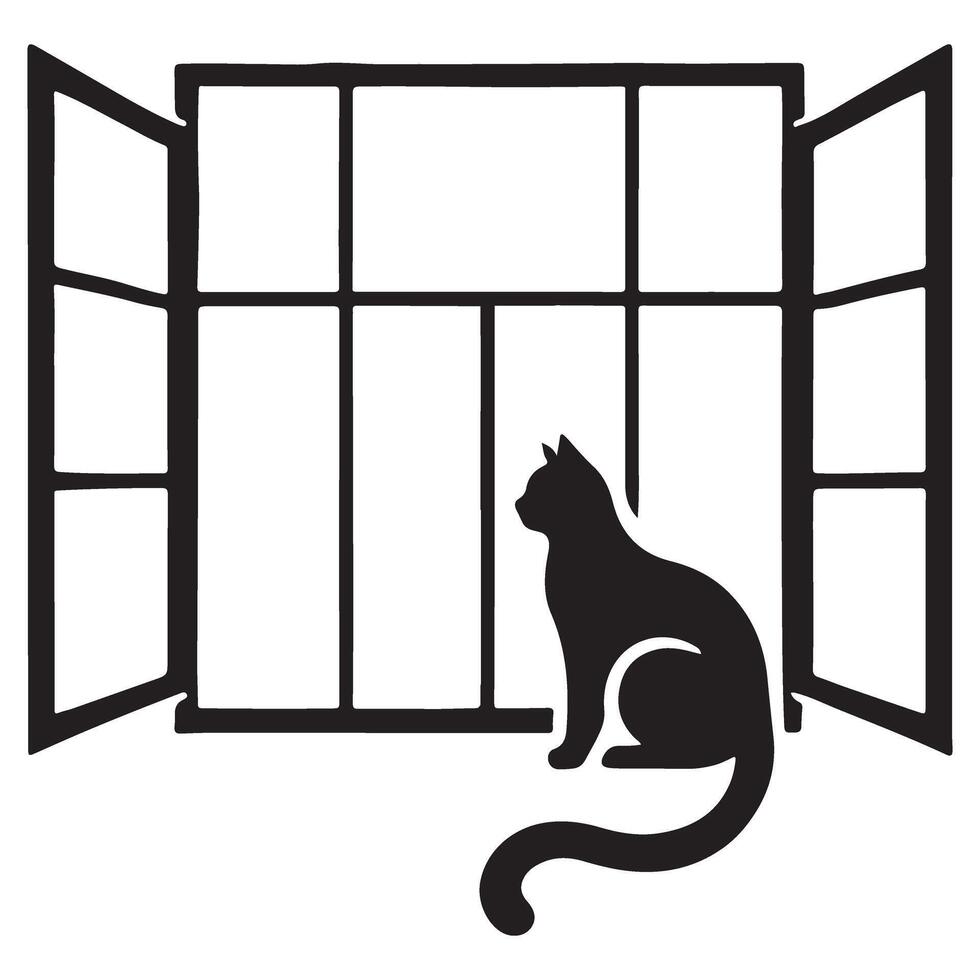 Silhouette of a Black Cat Looking out a Window vector