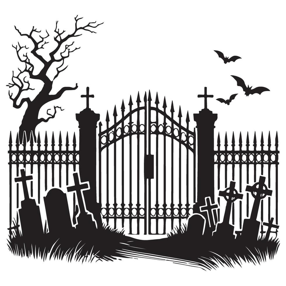 Silhouette Cemetery Gate Graveyard Art Illustration with Grave Stones vector